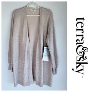 NEW SAMPLE Terra & Sky Long Line Knit Stripe Open Cardigan in Oatmeal Heather 1X